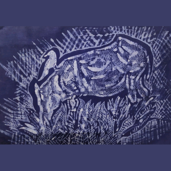 "Hog and the Crow" Hand-Drawn Indigo-Style Batik Art