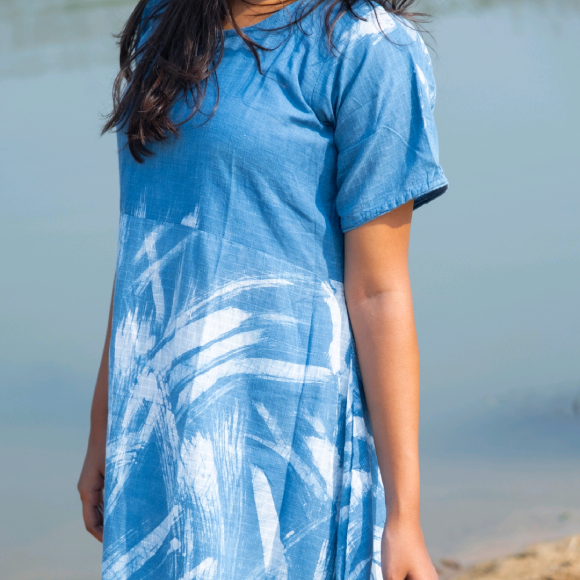 "Agomony" Natural Indigo One-Dip Long Dress - Image 3