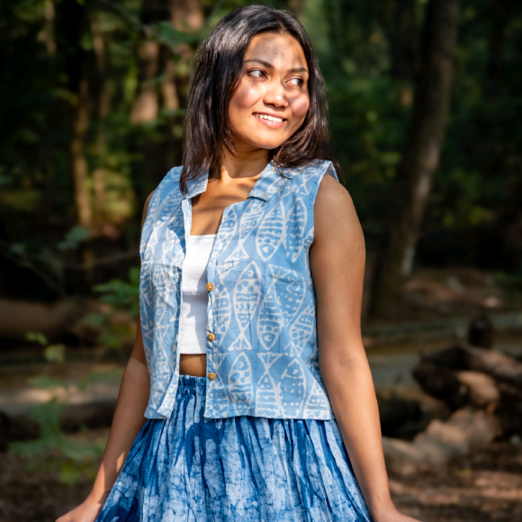 Natural Indigo Batik Cotton Co-ord Set | Hand-Block Shirt & Hand-Drawn Batik Frock