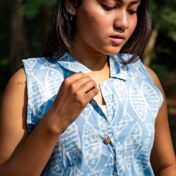 Natural Indigo Batik Cotton Co-ord Set | Hand-Block Shirt & Hand-Drawn Batik Frock - Image 4